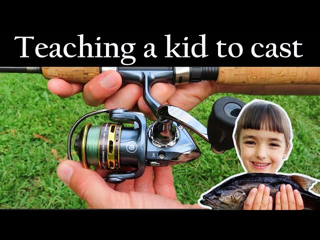 Teach a kid how to cast a spinning rod and reel (learn to cast a