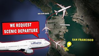 Lufthansa B748 SCENIC LOW-ALTITUDE Departure over San Francisco! screenshot 1