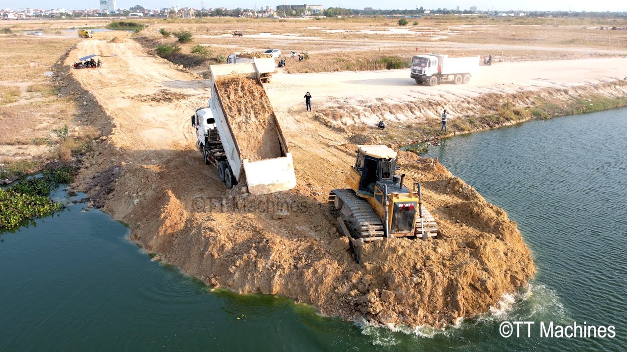 Great Job Pour Soil Into Water To Create New Road By Shantui Bulldozer