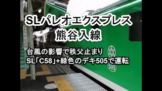 ＳＬパレオエクスプレス・熊谷入線【緑色のデキ505連結・鉄道の日マーク掲載】