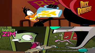 Duck Dodgers and Gir eat raw eggs and pizza in a gross way in front of Marvin and Zim