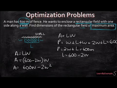 Optimization: Maximizing the area of a rectangular field using 600 m of fence.