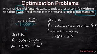 Optimization: Maximizing the area of a rectangular field using 600 m of fence.