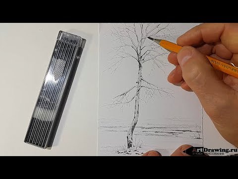 как нарисовать дерево зимой, скетч карандашом