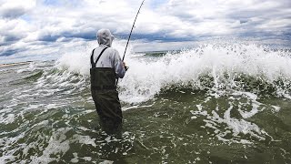 GIANT FISH Off FAR Sandbar Cut with Rough Surf Fishing Long Island Beach!