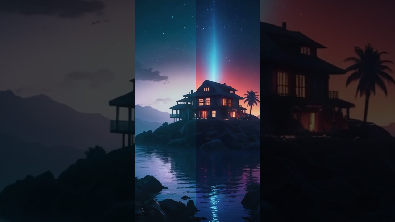 Island, futuristic, magical, dark, blue lights, home, cinematic 
