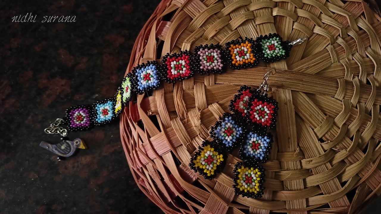 Granny Square Multicolored Seed bead Jewelry set/Easy step-by-step tutorial/Pulsera/Aretes diy