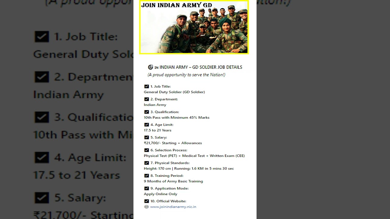 🎯 🇮🇳 INDIAN ARMY – GD SOLDIER JOB DETAILS(A proud opportunity to serve the Nation!)