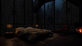 Cozy Bedroom Ambience - Fireplace Cracklings 🔥 Heavy Rainfall Sounds for Deep Sleep