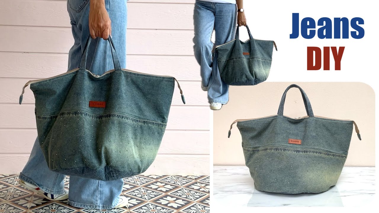 Как сшить джинсовую сумку-шоппер с круглым дном на молнии из старых джинсов, чемодан из джинсовой