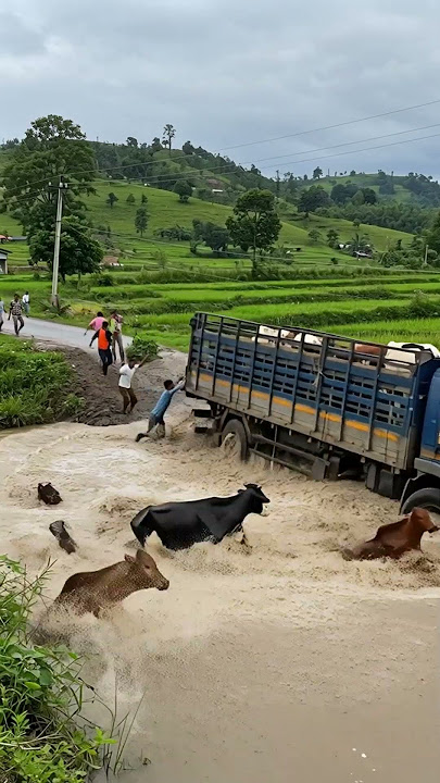 Truk Terjebak Banjir, Sapi Panik di Tengah Arus Deras! 😱🌊 | Detik-Detik Menegangkan