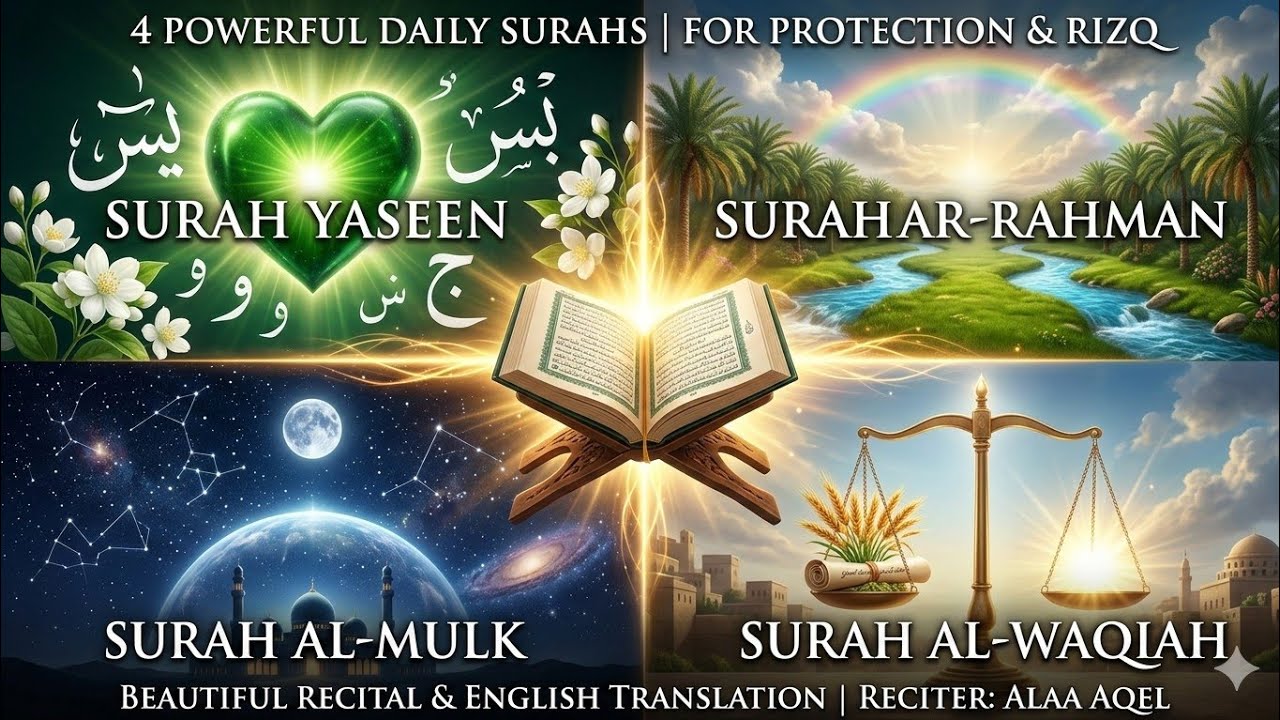 4Surahs Yaseen,Ar-Rahman,Al-Waqiah, Al-Mulk for Protection,Wealth&Peace of MindRecitation Alaa Aqel