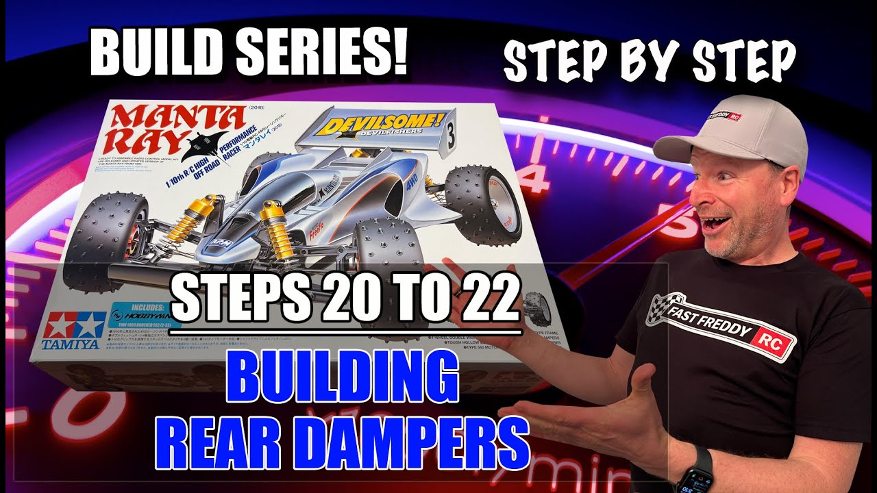 Tamiya Manta Ray — Шаги 20–22 — Сборка задних амортизаторов