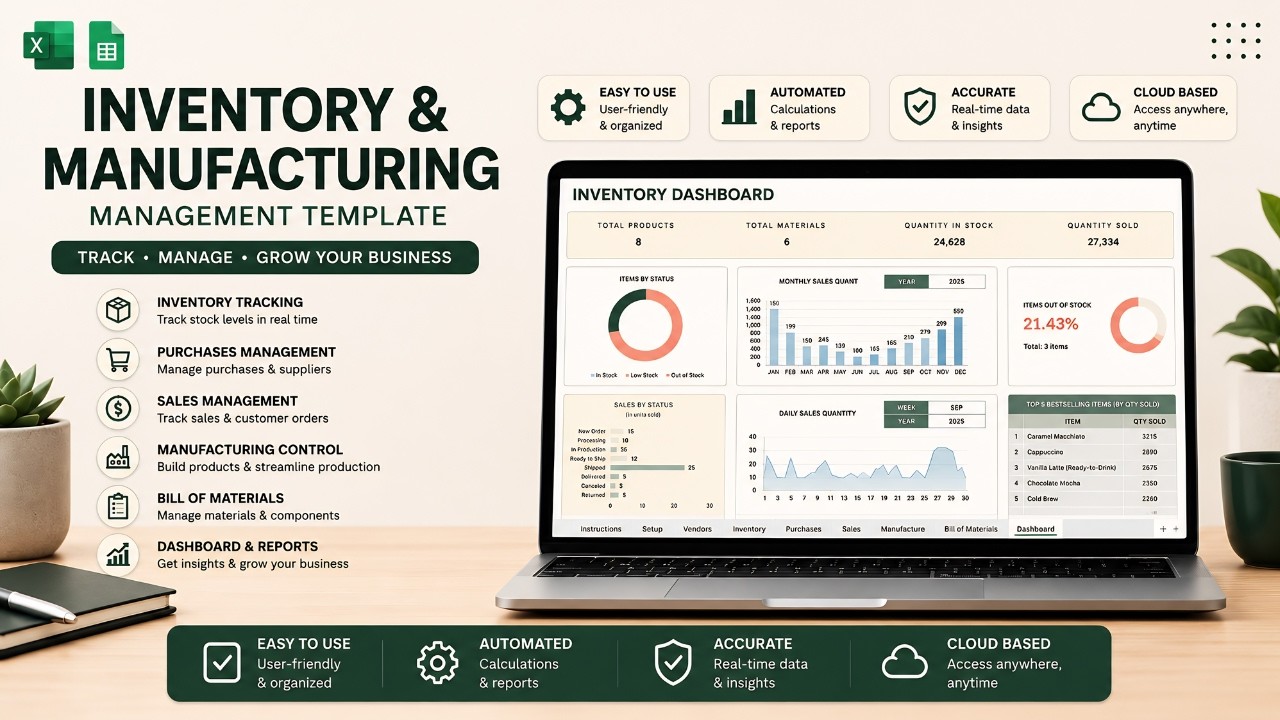manufacturing raw material inventory template in... Inventory & Manufacturing Management Template | Excel & Google Sheets ...