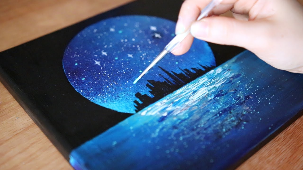 Black Canvas Acrylic Painting, night landscape painting