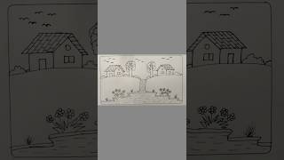 beautiful landscape scenery drawing/ mountain river house tree waterfall drawing/ easy drawing ideas