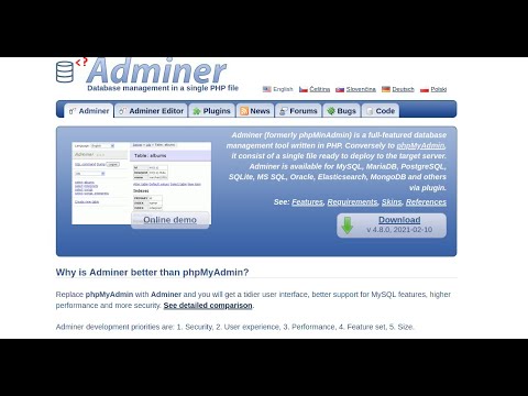 Adminer Database management, Installation Theme and Plugins