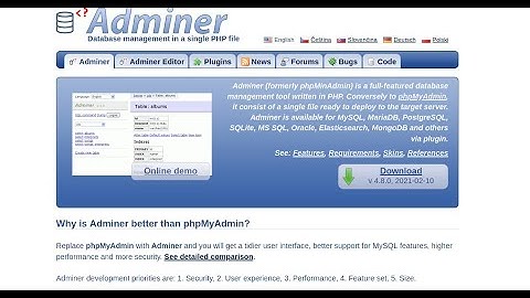 Adminer Database management, Installation Theme and Plugins