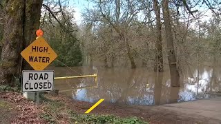 Willamette River above flood stage in Corvallis; portion of Hwy 34, U.S. Hwy 20 closed