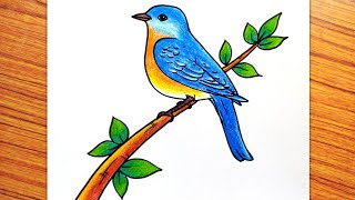 Easy Bird Drawing, How to Draw a Bird, Eastern Bluebird Drawing, Bird on Tree Drawing screenshot 5