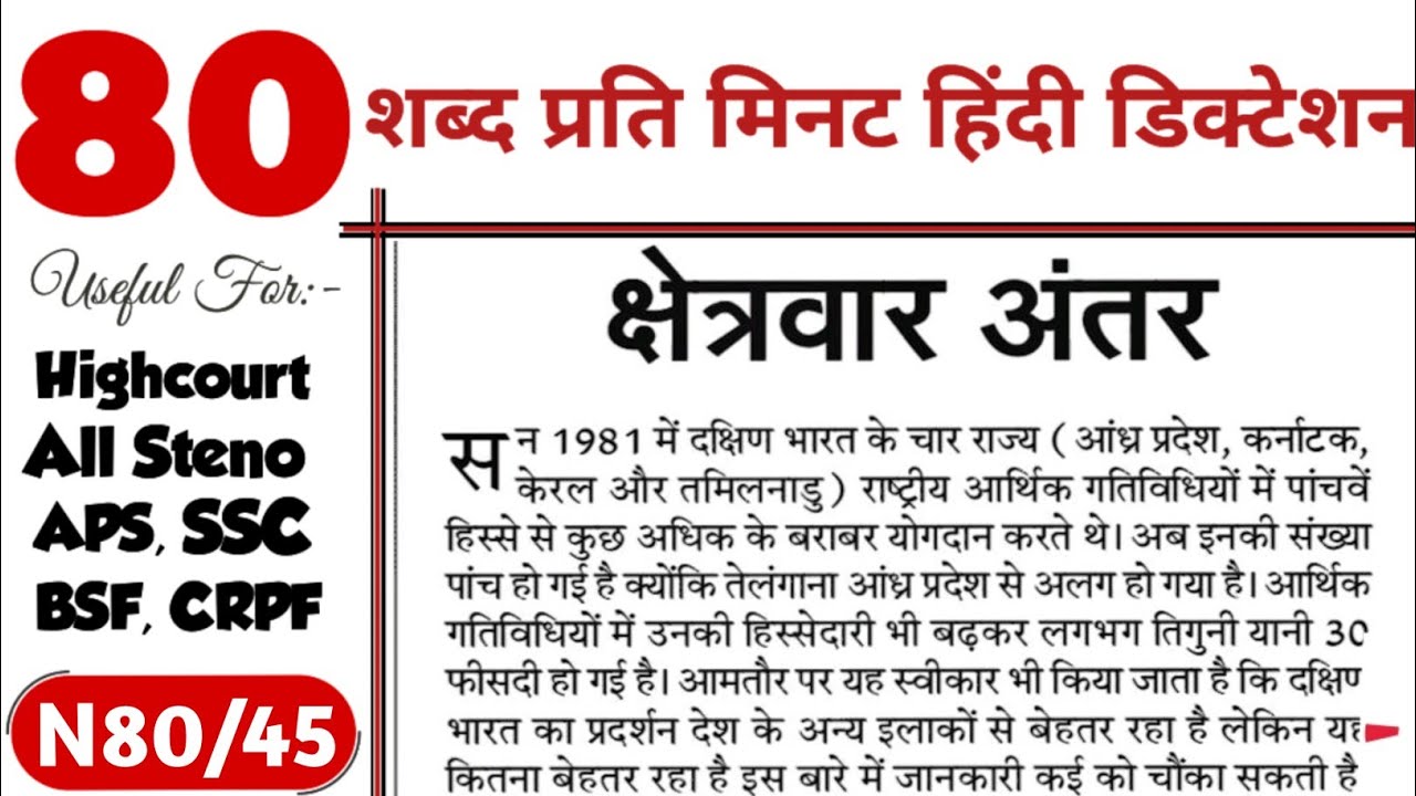 80 wpm Hindi Dictation | 80 wpm steno hindi dictation | Hindi Newspaper dictation