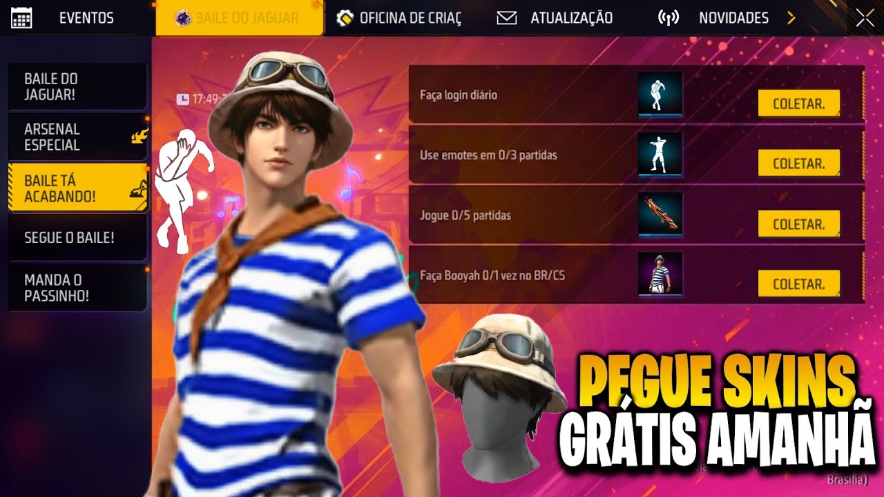 É AMANHÃ! PEGUE SKINS GRÁTIS, EMOTE PARA TODOS E TESOURO PERDIDO NO FREE FIRE