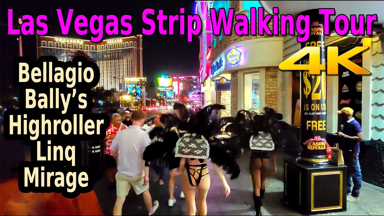 LAS VEGAS STRIP NIGHT WALKING TOUR 4k - BELLAGIO BALLYS CROMWELL HIGHROLLER LINQ MIRAGE