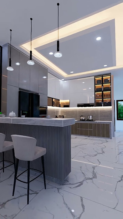 Interior dapur dengan minibar dan ruang makan modern minimalis mewah #desaininterior