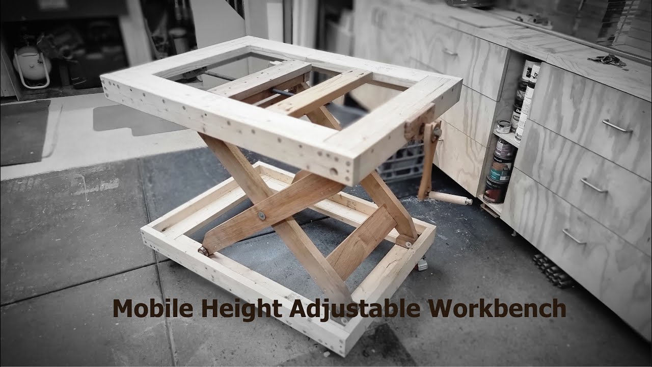 MOBILE HEIGHT ADJUSTABLE WORKBENCH - My First Build Video 