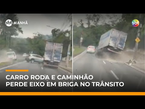 Video flagra-briga-no-transito-termina-com-carro-rodando-e-caminhao-sem-eixo-traseiro-sbt-manha