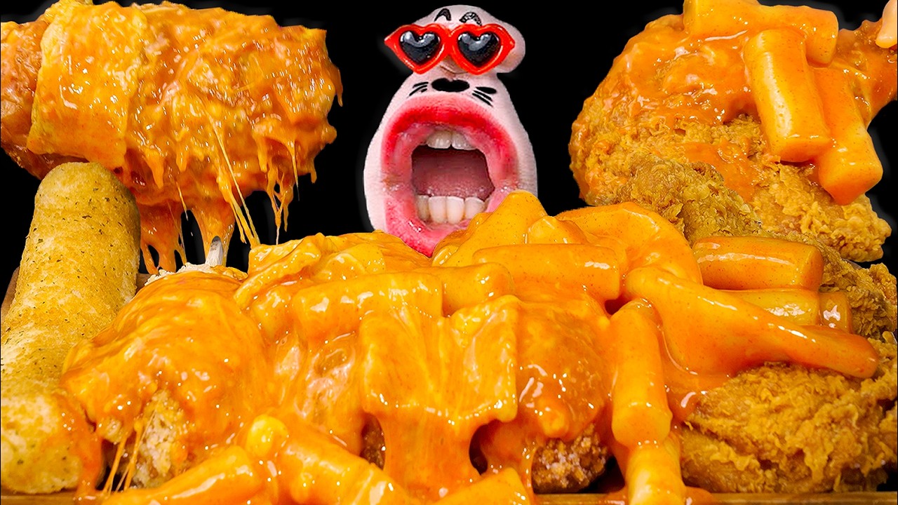 ASMR SPICY CHEESE TTEOKBOKKI POURED OVER CORN DOGS, JUMBO FRIED CHICKEN & CHEESE STICKS MUKBANG