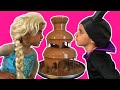 Elsa vs maleficent real life disney princess movie  chocolate fountain  candy  10 surprise eggs