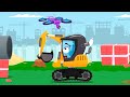Bagger jagt der einen Quadrocopter an einer Baustelle Cars Stories Kinderfilm