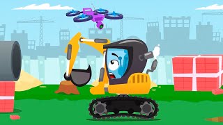 Bagger jagt der einen Quadrocopter an einer Baustelle Cars Stories Kinderfilm