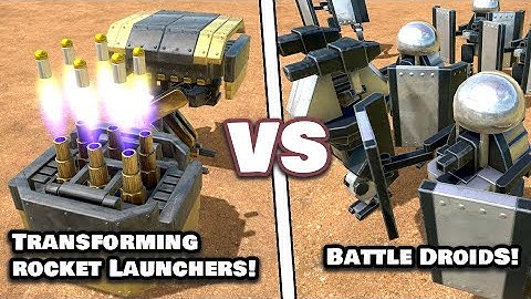 Transforming missile launchers fight versus battle droids! - Age of Warbots Battle Simulator