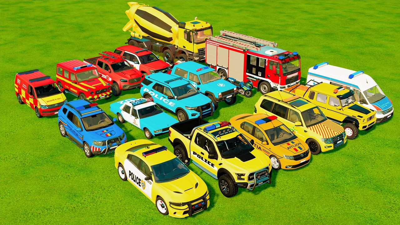 TRANSPORTING POLICE CARS, AMBULANCE, FIRE TRUCK, COLORFUL CARS WITH TRUCK -FARMING SIMULATOR 22!