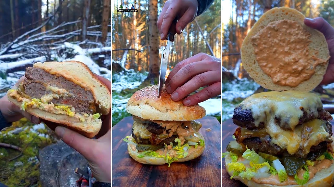 Dirty Cheeseburger in the frosty forest?ASMR cooking