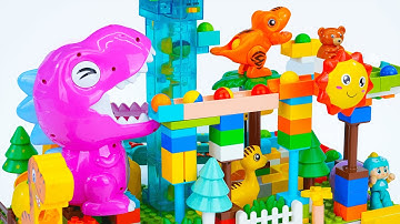 Satisfying Building Blocks Marble Run ASMR | Dinosaurs and wilds animals block coaster