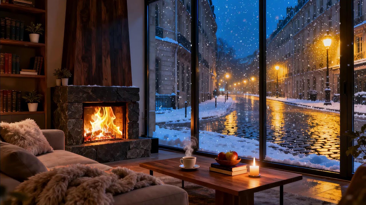 Snowy City Night 🌨 + Fireplace Chill - Best Focus Music for Work & Study