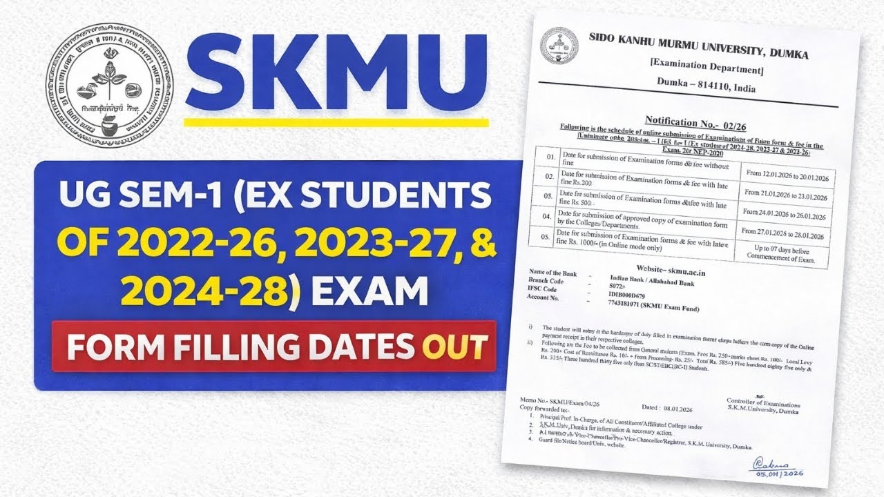 SKMU UG Sem 1 Exam Form Filling Date Out | Ex-Students (2022-26, 2023-27, 2024-28)