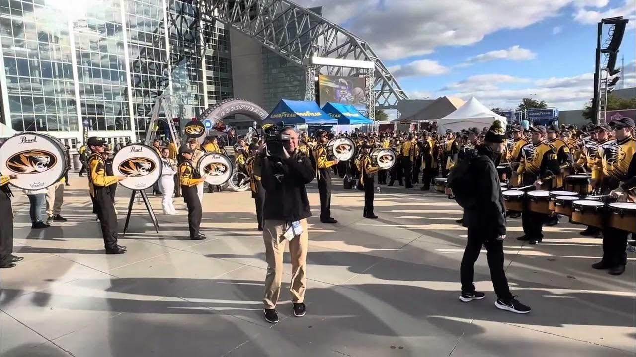 Marching MIZZOU drum line warming up for the battle of the bands at the