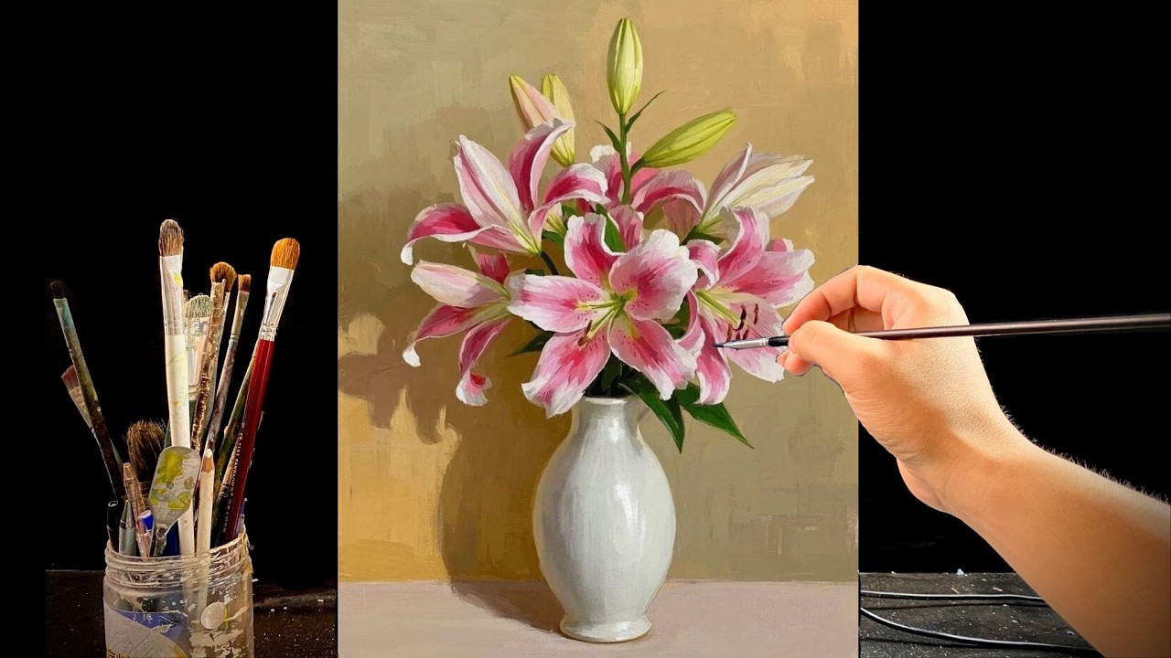 🎨 Painting Pink Lilies in a White Vase | Relaxing Acrylic Still Life Tutorial for Beginners | #176