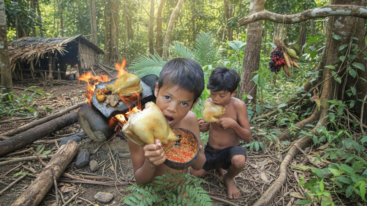 Primitive Technology - Cooking chicken and eggs on a rock