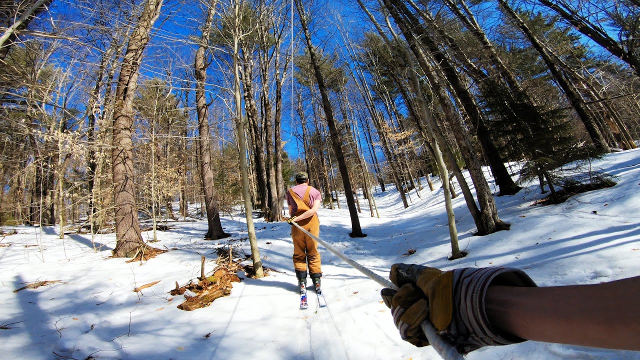 Spring skiing at my cousins rope tow - YouTube