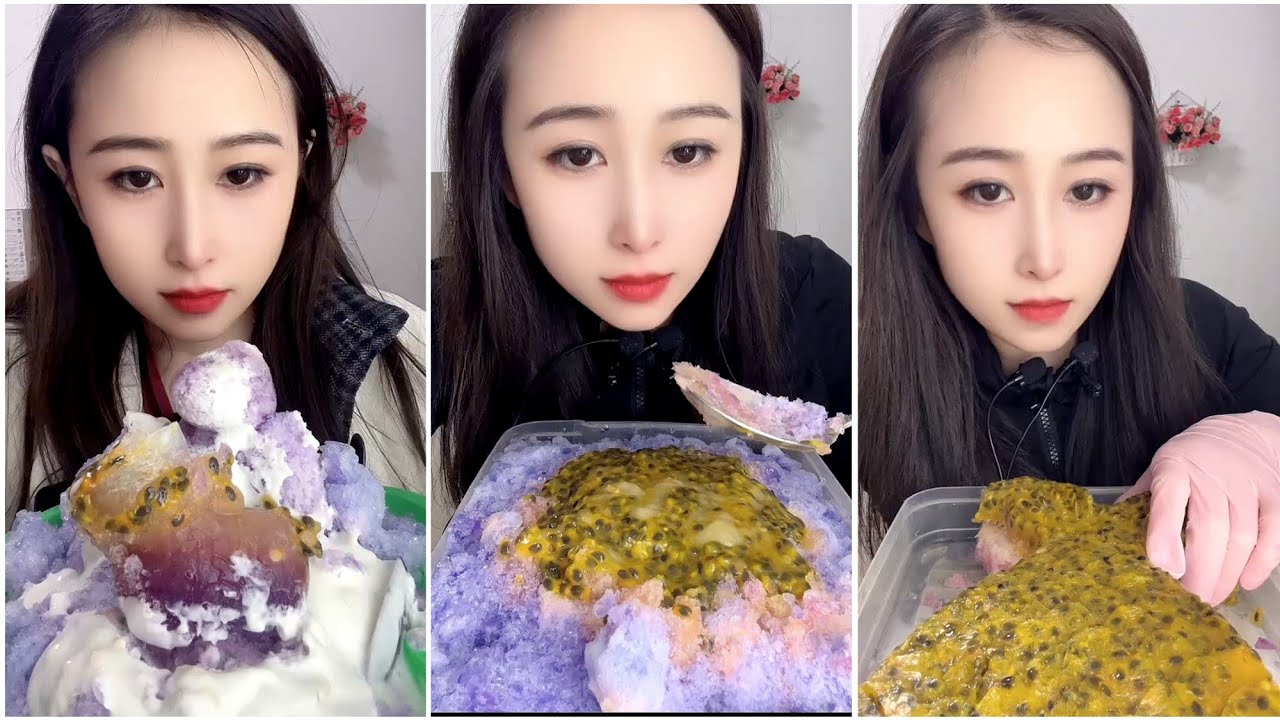 ASMR ice eating with passion fruit 