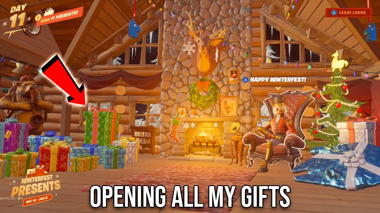 OPENING ALL OF MY FORTNITE CHRISTMAS PRESENTS AT ONCE! *FREE* COSMETICS (Lodge Exploration)