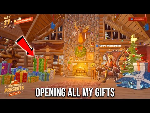 OPENING ALL OF MY FORTNITE CHRISTMAS PRESENTS AT ONCE! *FREE* COSMETICS (Lodge Exploration)