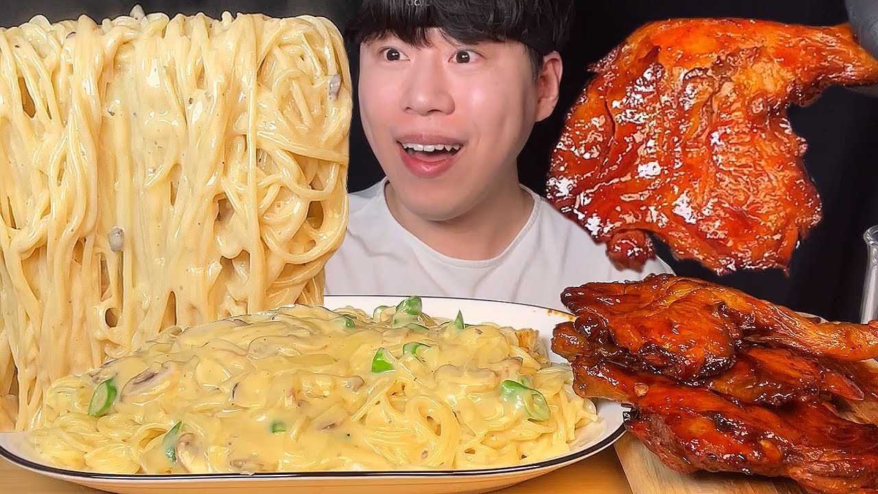 SUB) Пряная кремовая паста и ямайская курица на гриле мукбанг asmr