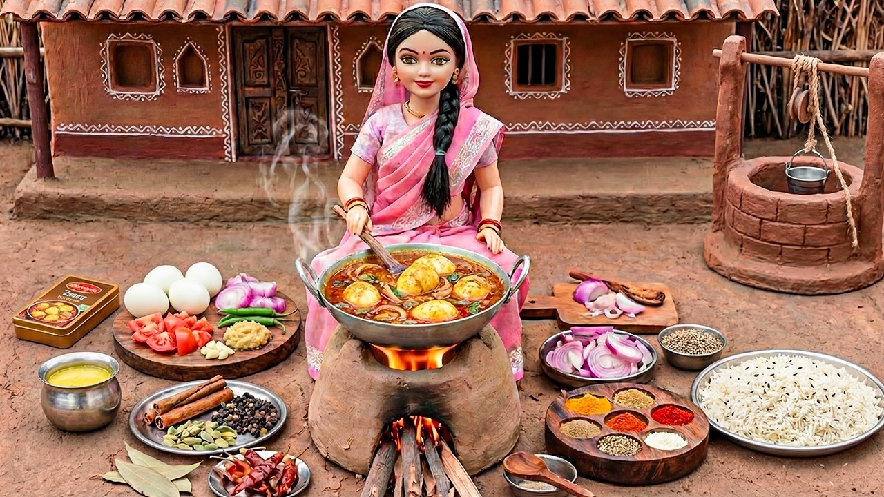 Miniature Doll Egg Curry & Jeera Rice Cooking ASMR 🥚🍚 | Indian Village Tiny Kitchen Story