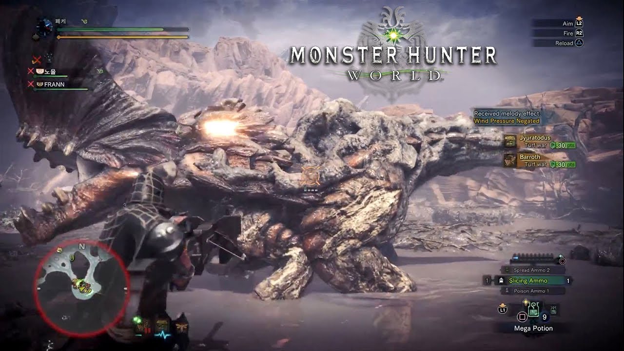 MONSTER HUNTER WORLD - Jyuratodos vs Barroth Challenge Heavy Bowgun Team Gameplay PS4